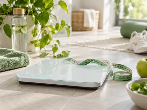 A bathroom scale beside citrus water and folded green towels