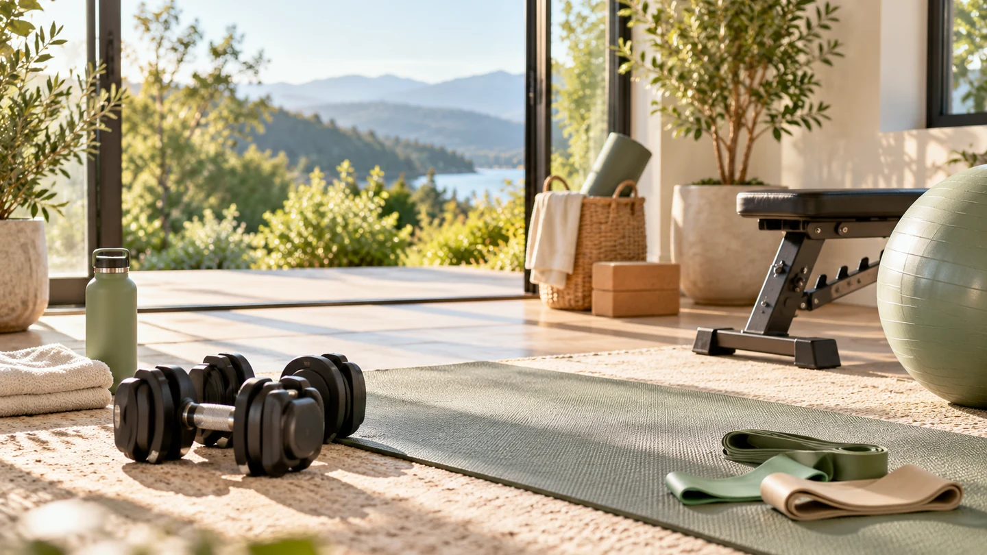 Home fitness and wellness equipment in a bright modern exercise space