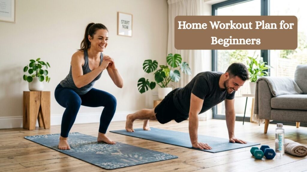 A bright and tranquil modern living room scene where a man and a woman are exercising at home on yoga mats. The woman, with her hair in a ponytail and wearing dark blue leggings and a grey tank top, is in a deep squat position with her hands clasped, smiling. The man, in black shorts and a grey t-shirt, is in a push-up or plank position on a different mat, looking down and smiling. The setting is a clean, minimal-style living room with large glass doors showing a green view outside. A grey sofa sits near the window, and on the opposite wall, a framed quote reads "START NOW." Various fitness props are arranged between the mats: two blue dumbbells (marked 3kg and 5kg), a clear water bottle with the word "HYDRATE," and a folded beige towel. Potted plants and a small wooden side table add natural touches to the space. The entire scene conveys a comfortable, positive, and motivating home fitness routine.
