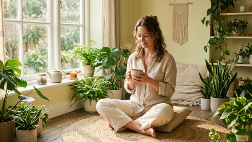 Peaceful wellness scene with a woman, indoor plants, and natural morning light