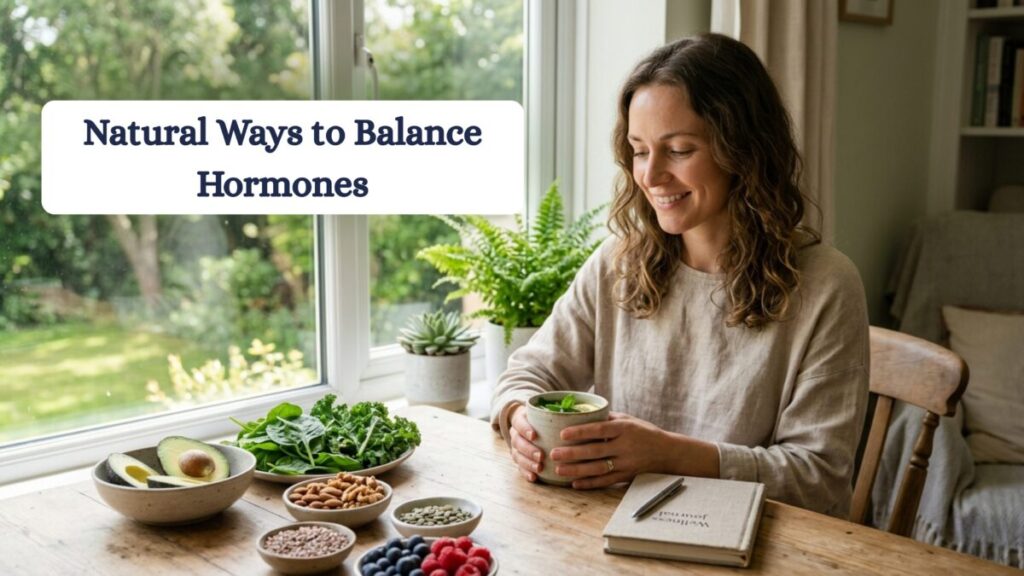 A relaxed woman sitting at a sunlit wooden table with a cup of herbal tea, surrounded by healthy foods like avocado, leafy greens, and nuts, with the text 'Natural Ways to Balance Hormones'