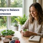 A relaxed woman sitting at a sunlit wooden table with a cup of herbal tea, surrounded by healthy foods like avocado, leafy greens, and nuts, with the text 'Natural Ways to Balance Hormones'