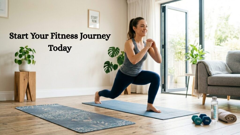 A young woman in athletic wear performing lunges on a yoga mat in a sunlit, modern living room. Nearby are dumbbells, a water bottle, and a wall sign that says "START NOW."