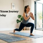 A young woman in athletic wear performing lunges on a yoga mat in a sunlit, modern living room. Nearby are dumbbells, a water bottle, and a wall sign that says "START NOW."