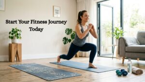 A young woman in athletic wear performing lunges on a yoga mat in a sunlit, modern living room. Nearby are dumbbells, a water bottle, and a wall sign that says "START NOW."