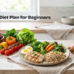 Balanced diet plan for beginners with healthy food including fruits vegetables whole grains and protein sources arranged on a clean table
