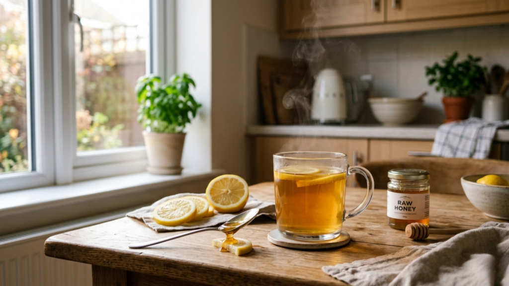 A glass of warm honey lemon water on a wooden table with fresh lemons and honey jar in soft morning sunlight