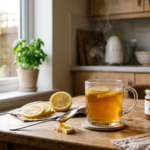 A glass of warm honey lemon water on a wooden table with fresh lemons and honey jar in soft morning sunlight