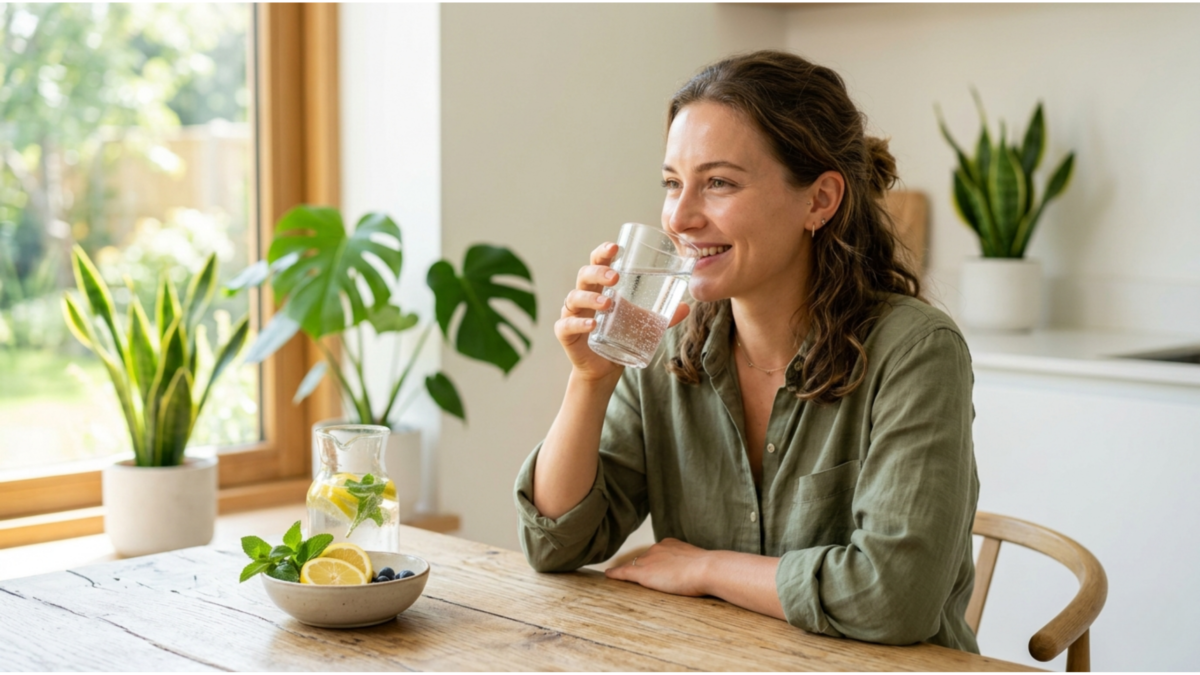 Person drinking fresh water from a glass in a bright, natural setting, promoting hydration and wellness.
