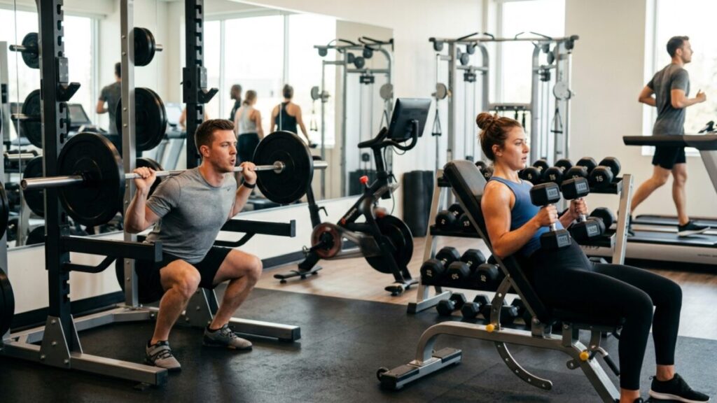 Man doing squat workout man and woman performing chest exercises in a modern gym for weight loss training