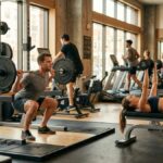 Man doing squat workout man and woman performing chest exercises in a modern gym for weight loss training