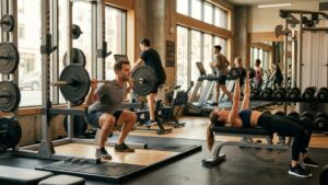 Man doing squat workout man and woman performing chest exercises in a modern gym for weight loss training