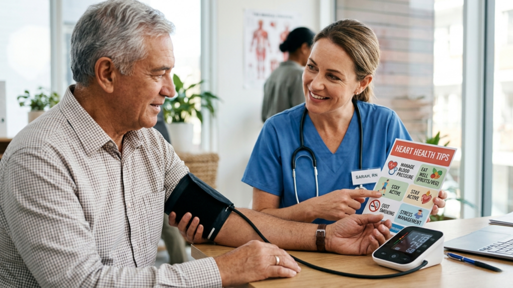 Person preparing a heart-healthy meal with fresh vegetables, fruits, and whole grains in a bright modern kitchen for cardiovascular wellness