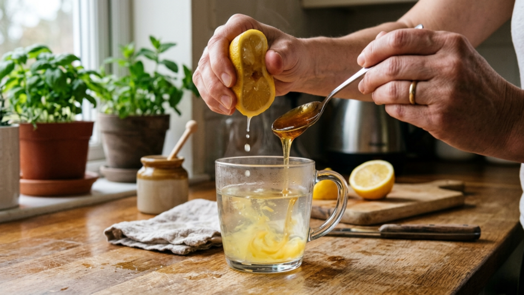 Hands preparing honey lemon water by squeezing lemon and adding honey to warm water