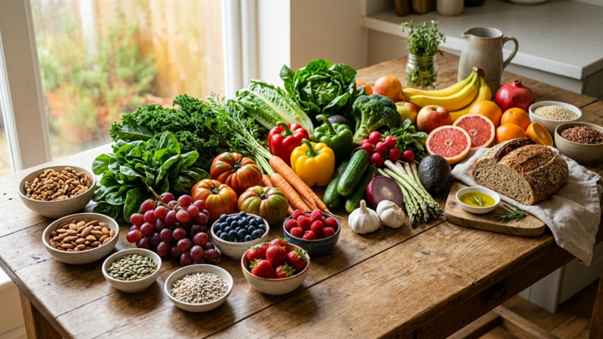 A colorful assortment of fresh fruits and vegetables on a clean wooden table in soft natural light.