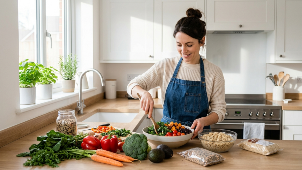 A person preparing a balanced meal with fresh vegetables and grains in a bright kitchen.