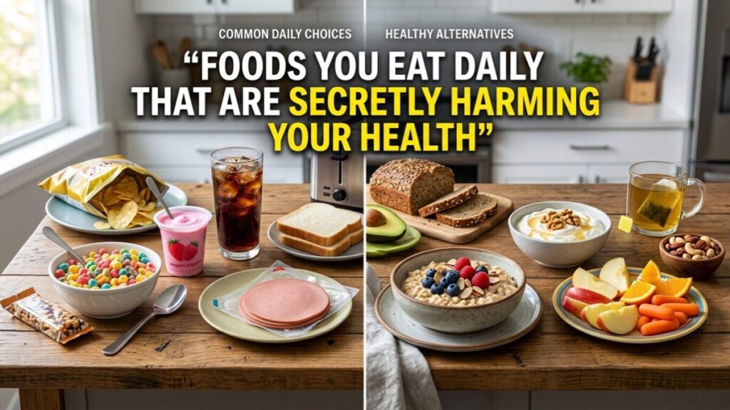 Everyday unhealthy foods compared with healthy natural food alternatives on a kitchen table