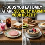 Everyday unhealthy foods compared with healthy natural food alternatives on a kitchen table