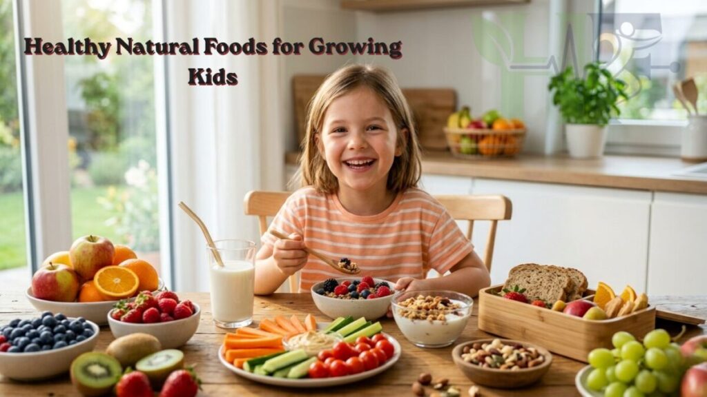 Healthy natural foods for growing kids with fruits vegetables and organic snacks