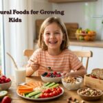 Healthy natural foods for growing kids with fruits vegetables and organic snacks