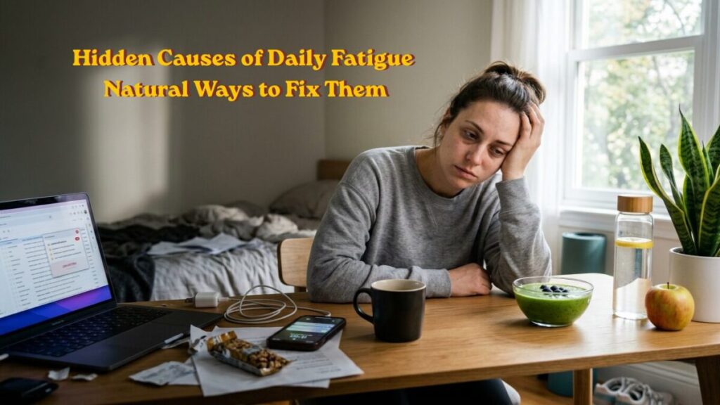 A tired young adult experiencing daily fatigue transitioning into a healthier and more energetic lifestyle with natural wellness habits.