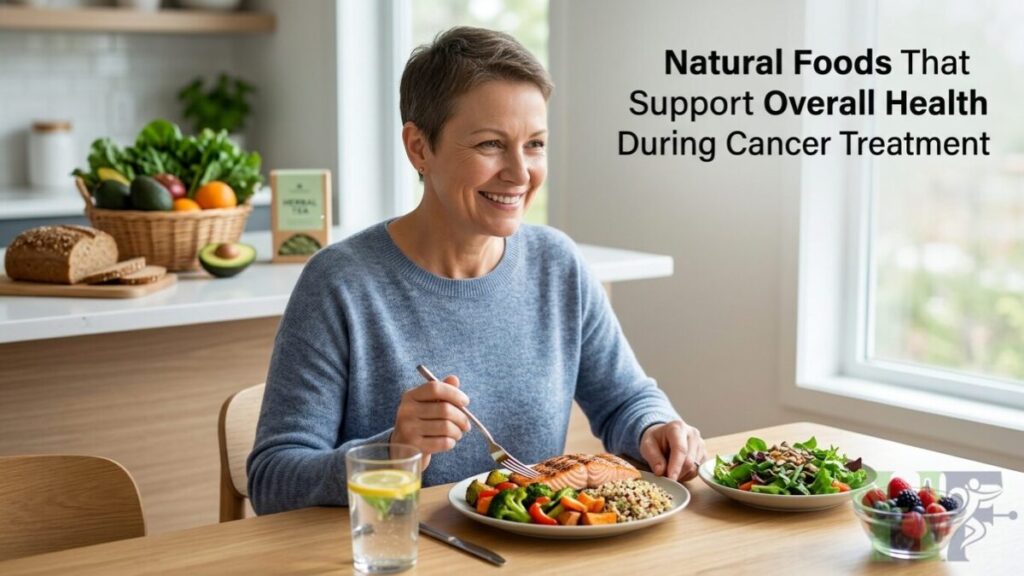Healthy nutritious foods arranged for supporting strength and well-being during cancer treatment