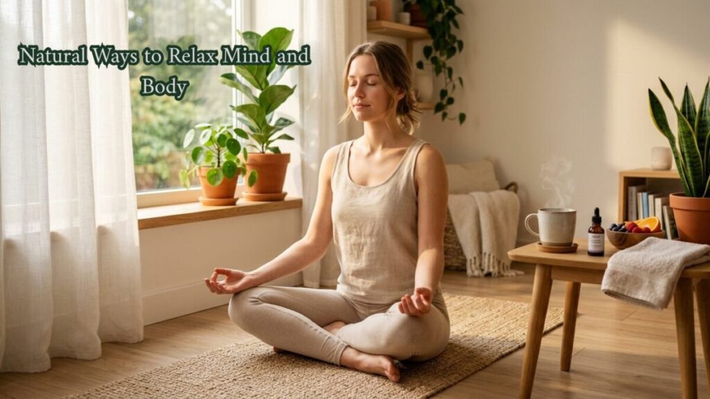 Woman practicing natural relaxation techniques at home for stress relief and mental wellness
