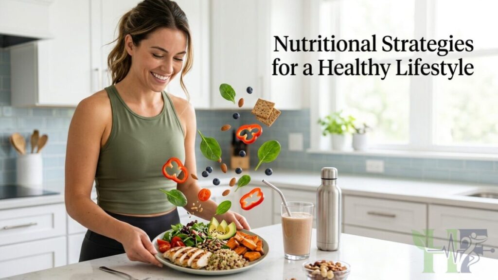 Healthy person enjoying a balanced meal with protein, fruits, vegetables, and nutritious foods for a healthy lifestyle
