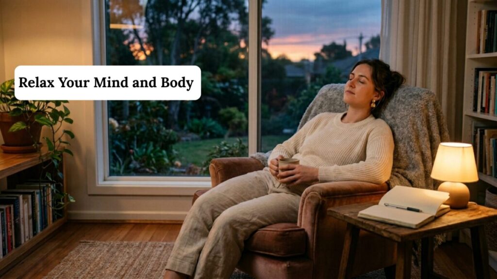 Person relaxing at home using breathing techniques to reduce stress and calm mind and body