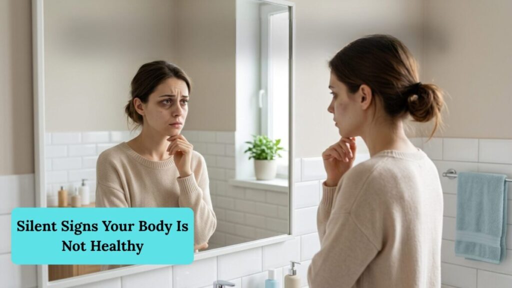 person looking tired in mirror showing silent signs body is not healthy