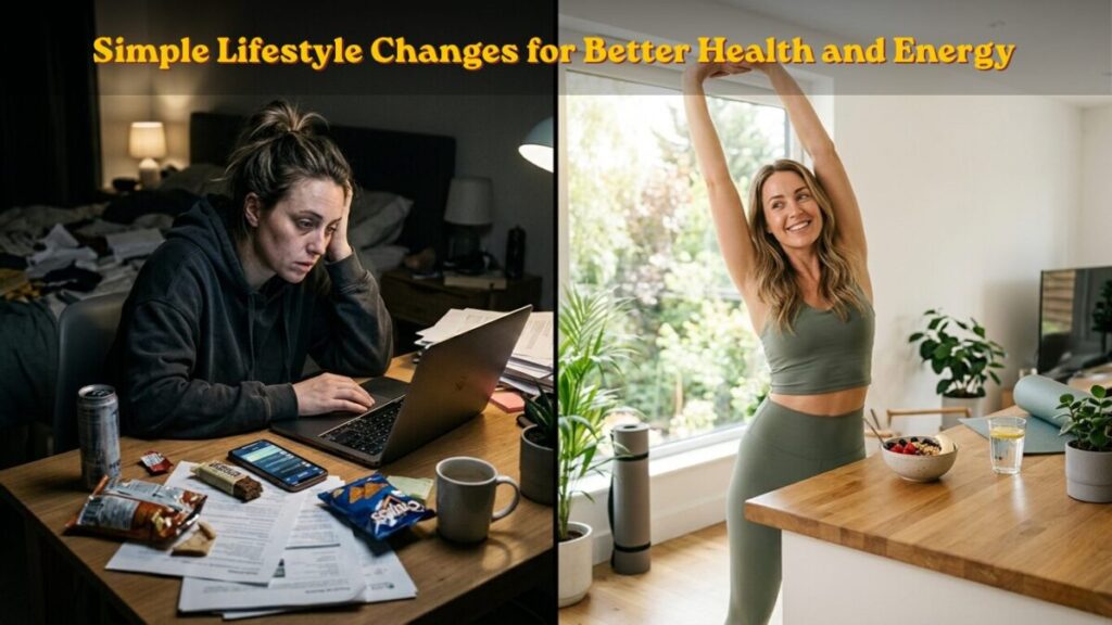 A realistic wellness lifestyle scene showing a person improving health and energy through healthy habits, exercise, hydration, and balanced daily routines.