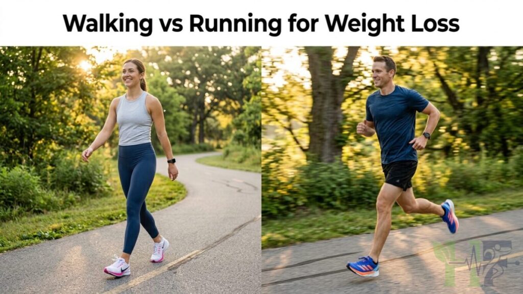 Person walking and running outdoors for weight loss and fitness comparison