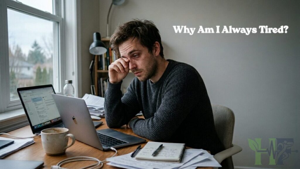 Exhausted young man feeling tired and fatigued while sitting at a desk in the morning
