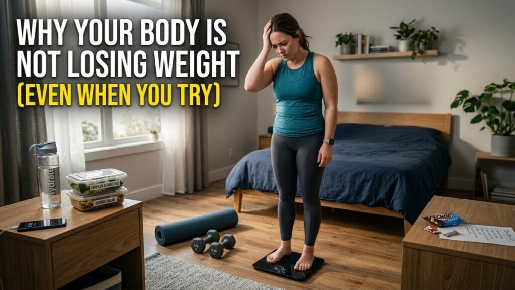 Frustrated person standing on a weighing scale after exercise while struggling with weight loss