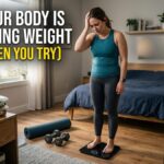Frustrated person standing on a weighing scale after exercise while struggling with weight loss