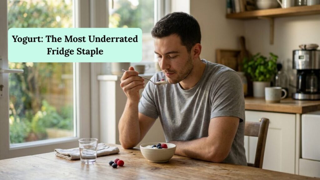 Man eating yogurt for gut health and better digestion