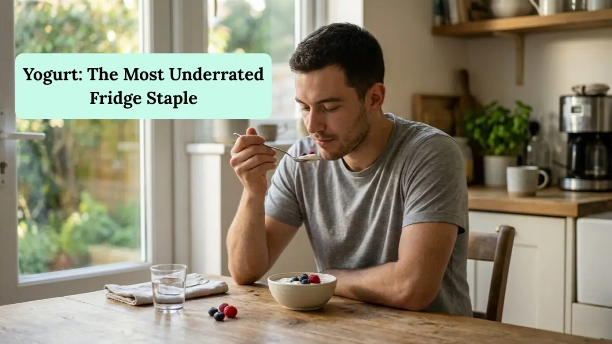 Man eating yogurt for gut health and better digestion