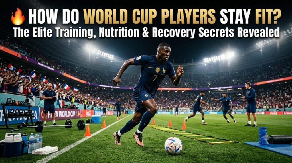 Professional football player training in a FIFA World Cup stadium while following an elite fitness, conditioning, and recovery routine.