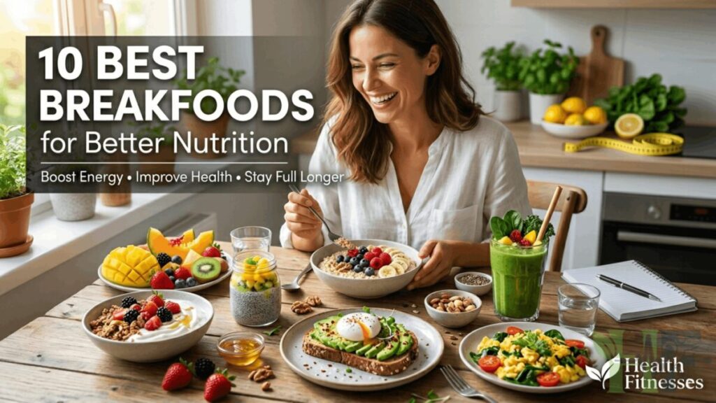 Healthy breakfast foods including fruits, eggs, oatmeal, yogurt, and whole grains for better nutrition and overall health.