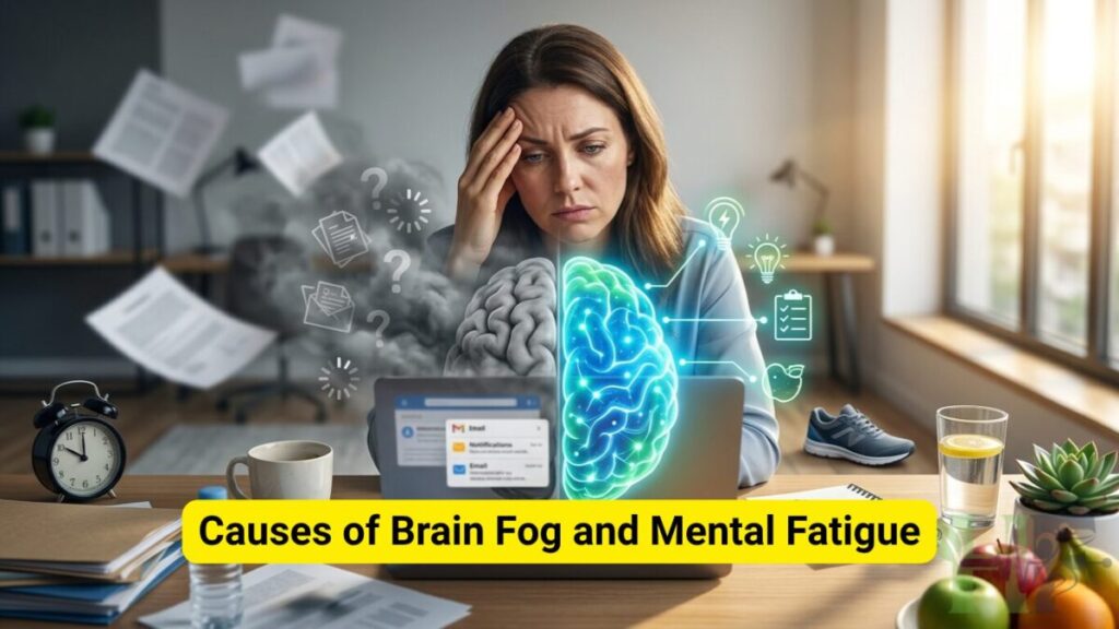 Professional adult experiencing brain fog and mental fatigue while working, illustrating poor concentration, low energy, and difficulty focusing.