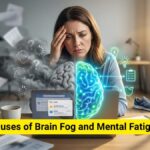 Professional adult experiencing brain fog and mental fatigue while working, illustrating poor concentration, low energy, and difficulty focusing.