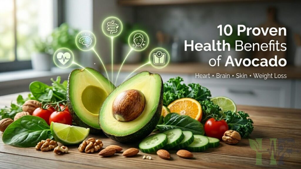 Health Benefits of Avocado with fresh avocado and healthy foods