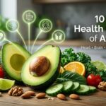 Health Benefits of Avocado with fresh avocado and healthy foods
