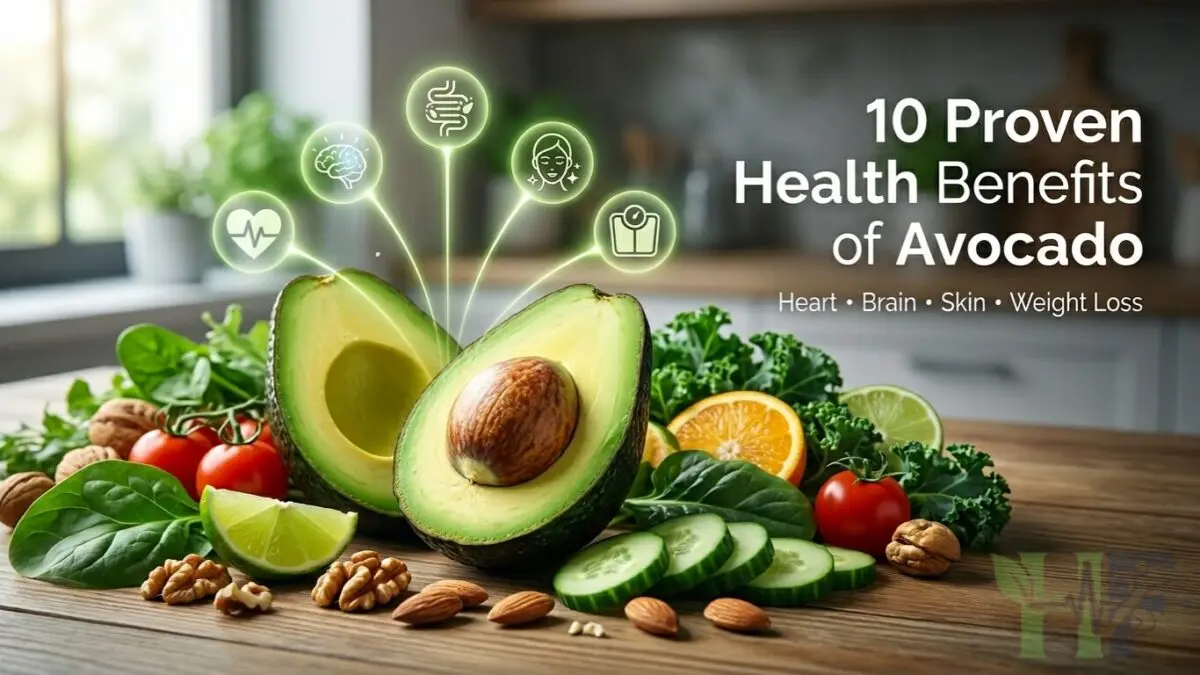 Health Benefits of Avocado with fresh avocado and healthy foods