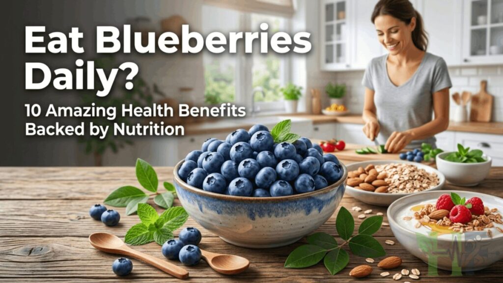 Fresh blueberries in a bowl showing the health benefits of blueberries for brain health, heart health, weight management, and healthy aging.