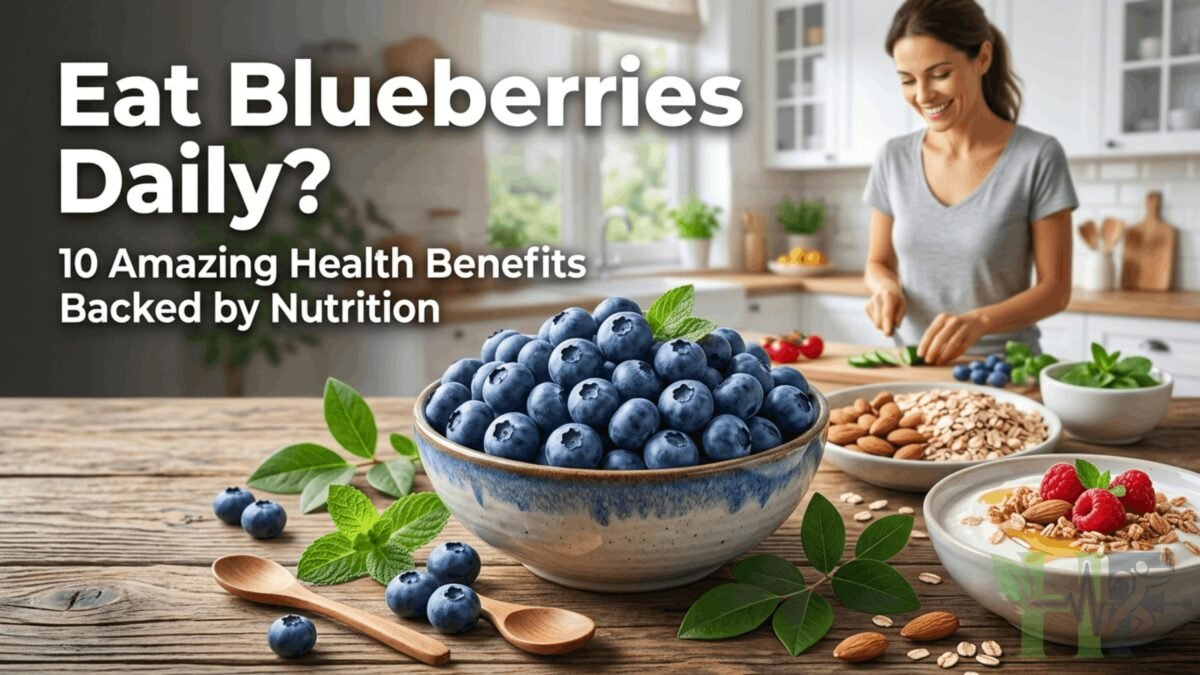 Fresh blueberries in a bowl showing the health benefits of blueberries for brain health, heart health, weight management, and healthy aging.