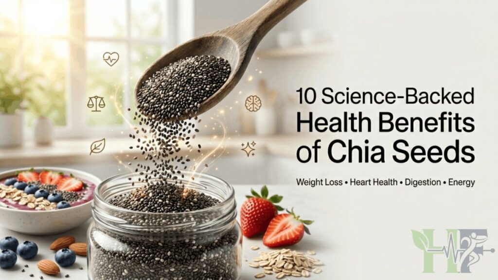 Health benefits of chia seeds with chia seeds, berries, and healthy foods