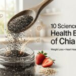 Health benefits of chia seeds with chia seeds, berries, and healthy foods