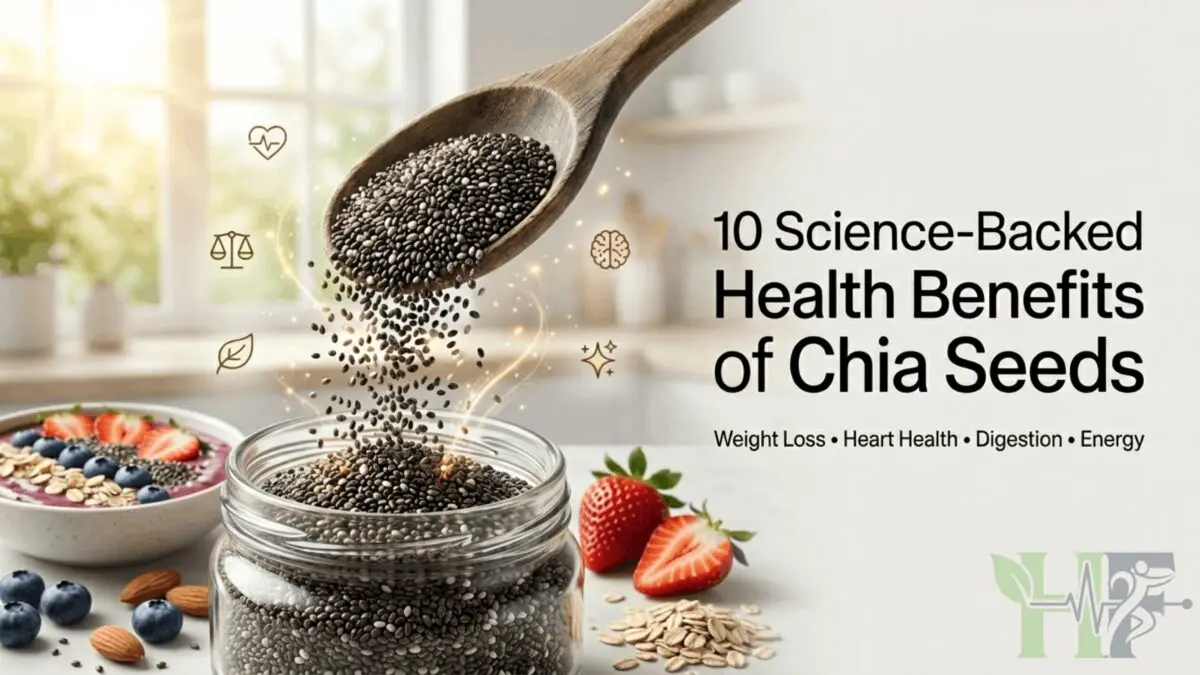 Health benefits of chia seeds with chia seeds, berries, and healthy foods