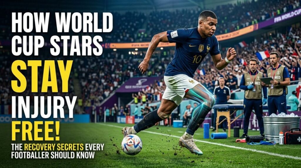 Professional football players warming up and recovering to prevent muscle injuries during the FIFA World Cup.